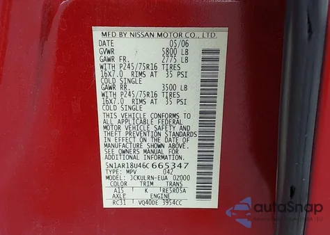 2006 Nissan Pathfinder S from USA, damaged, VIN 5N1AR18U46C665347